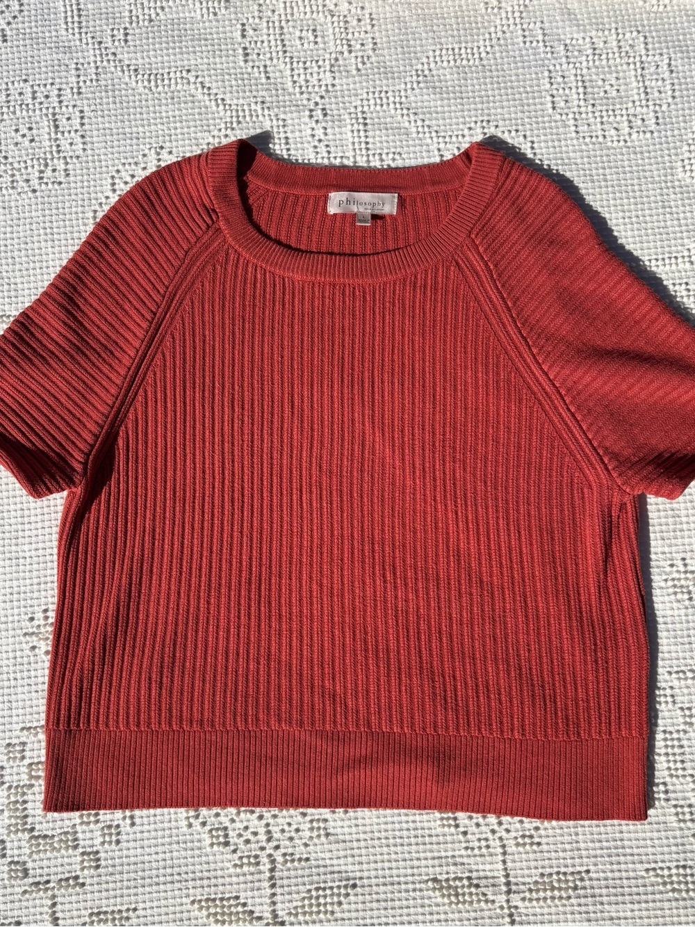 Philosophy Ribbed Crewneck Short-Sleeve Sweater in Burnt Orange- size L